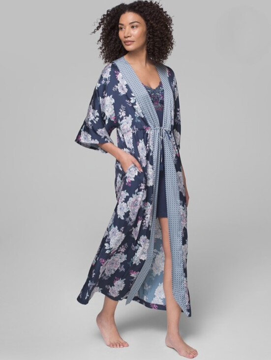 Soma Other - SOMA Cool Nights Long Robe In Foraged Floral Grand Blue Pockets Satin Size S/M